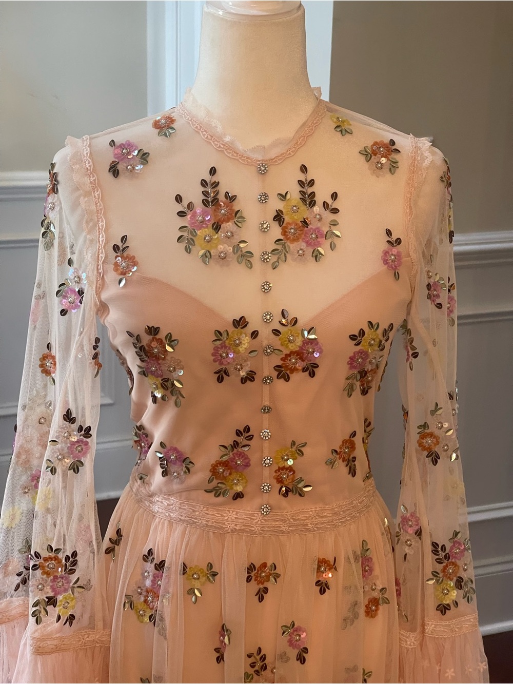 Alice + Olivia Allegra Embellished Lace Mini Gown Pale Pink NWT US 10 - Picture 4 of 16